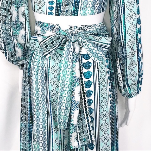 Zhu Ulma Minty Green Geo Paisley Print Crop Top Pant Set SzXS Wide Leg Side Wrap - Picture 14 of 16